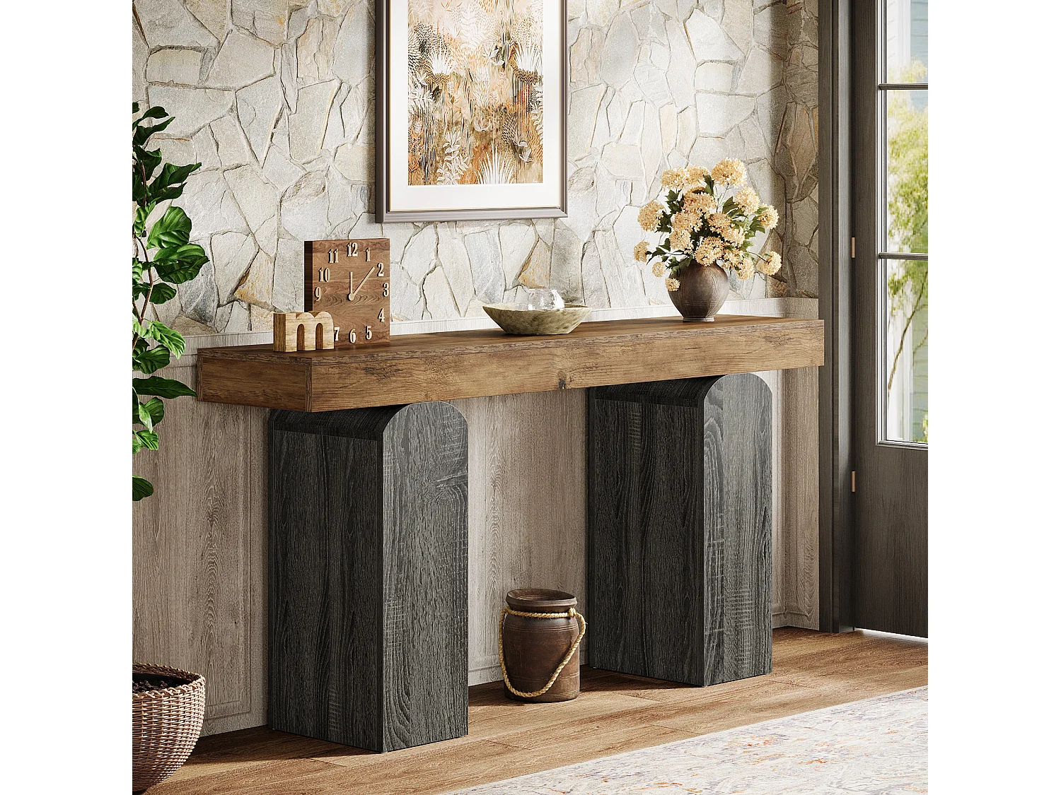 Table console d'entrée de 160 cm de long, style ferme, avec 2 pieds arqués.