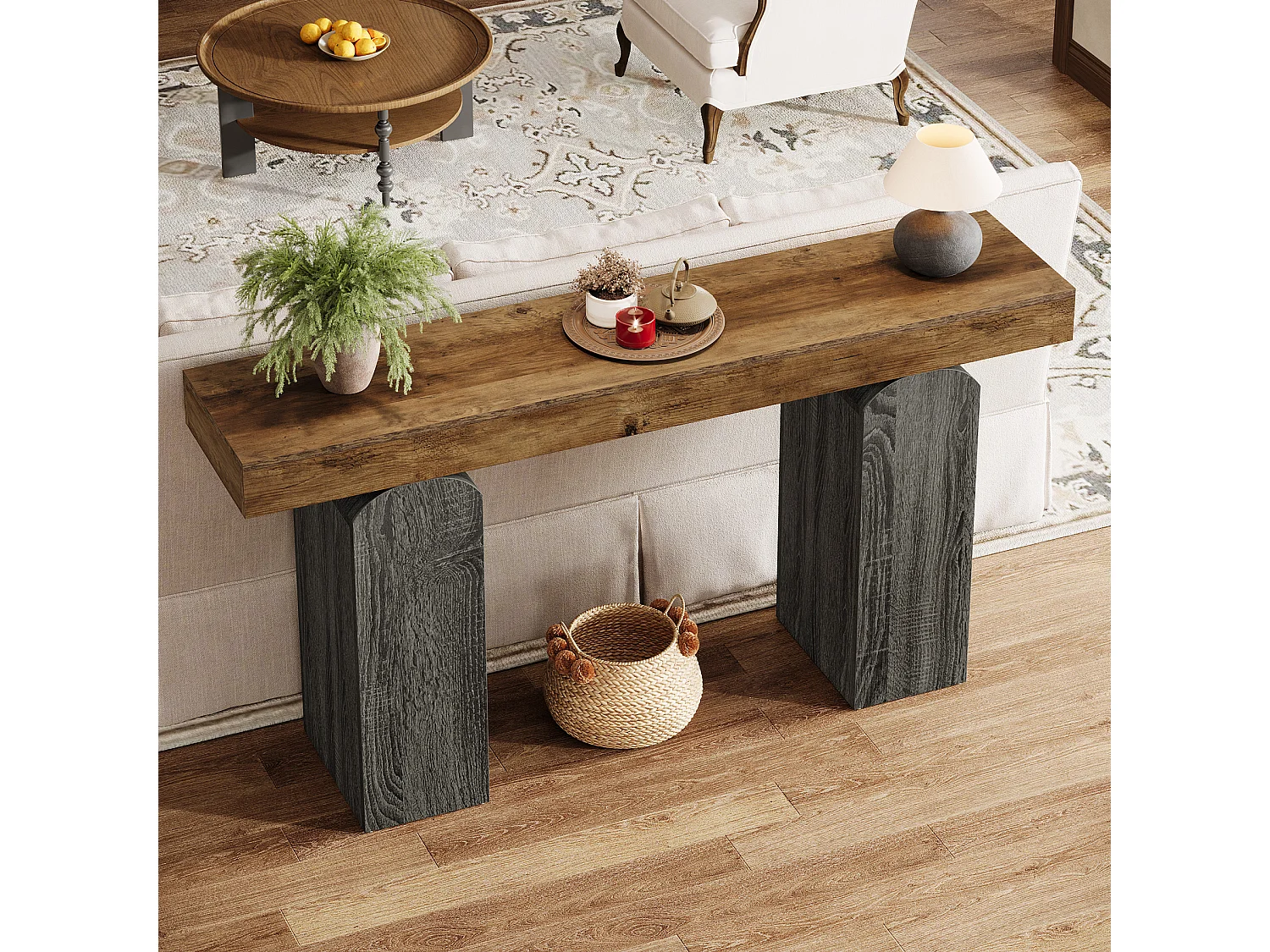 Table console d'entrée de 160 cm de long, style ferme, avec 2 pieds arqués.