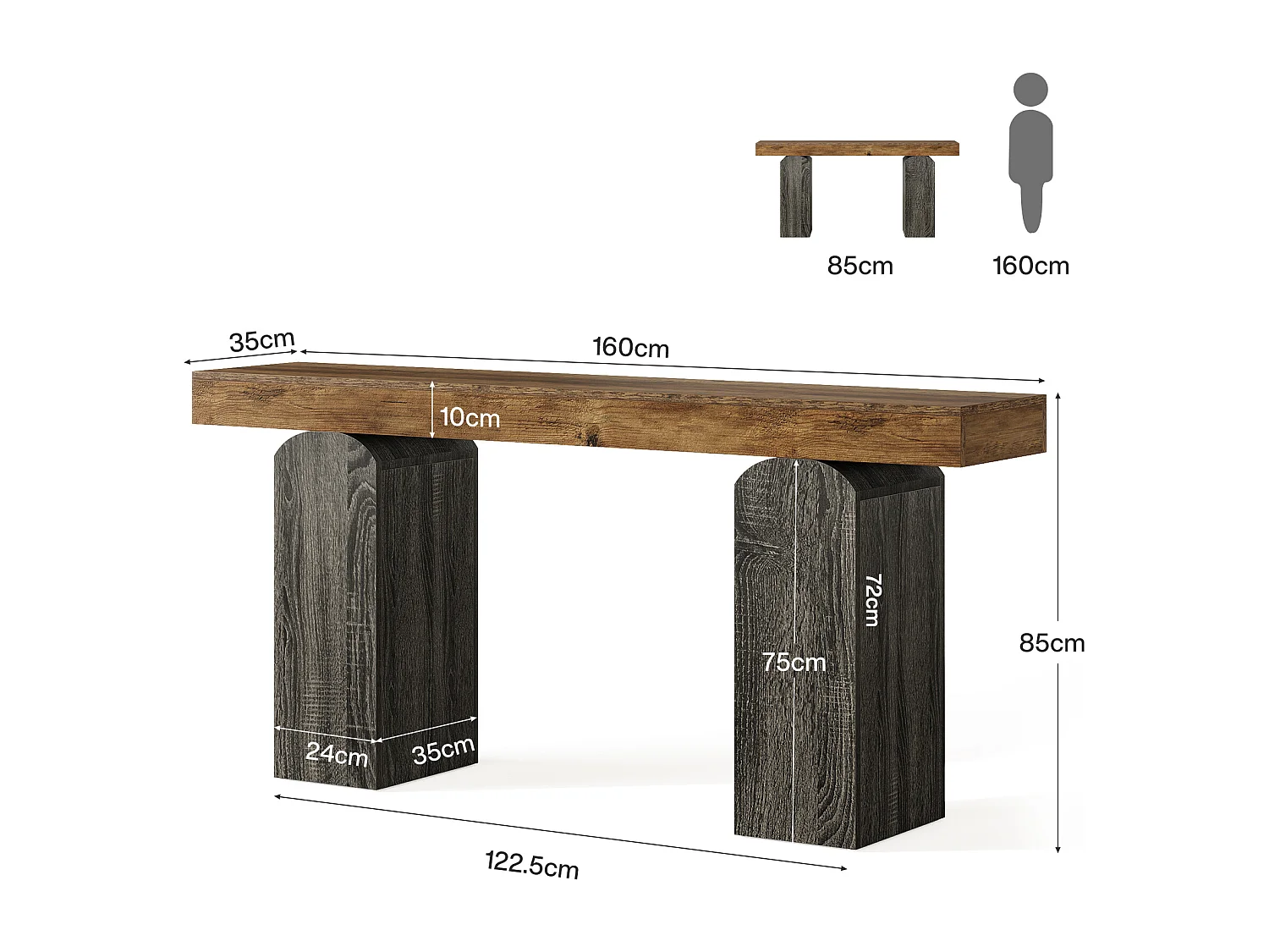 Table console d'entrée de 160 cm de long, style ferme, avec 2 pieds arqués.
