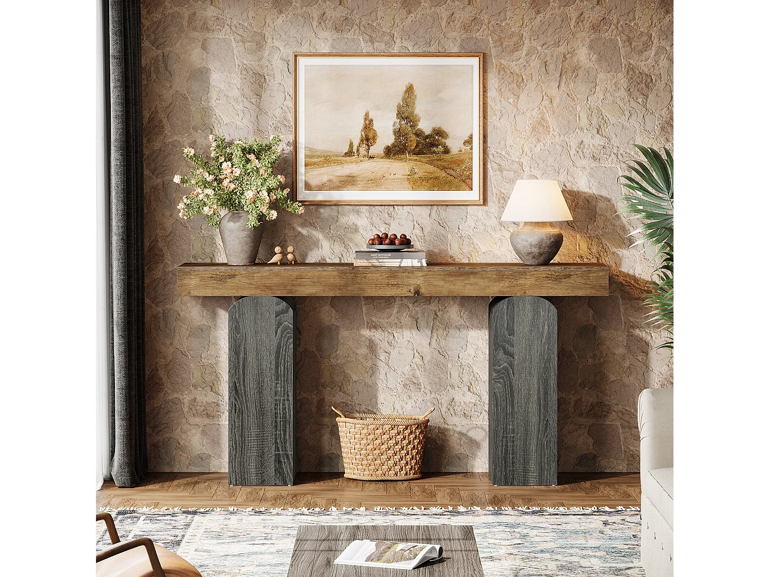 Table console d'entrée de 160 cm de long, style ferme, avec 2 pieds arqués.