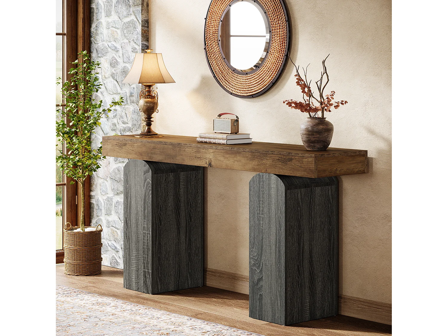 Table console d'entrée de 160 cm de long, style ferme, avec 2 pieds arqués.