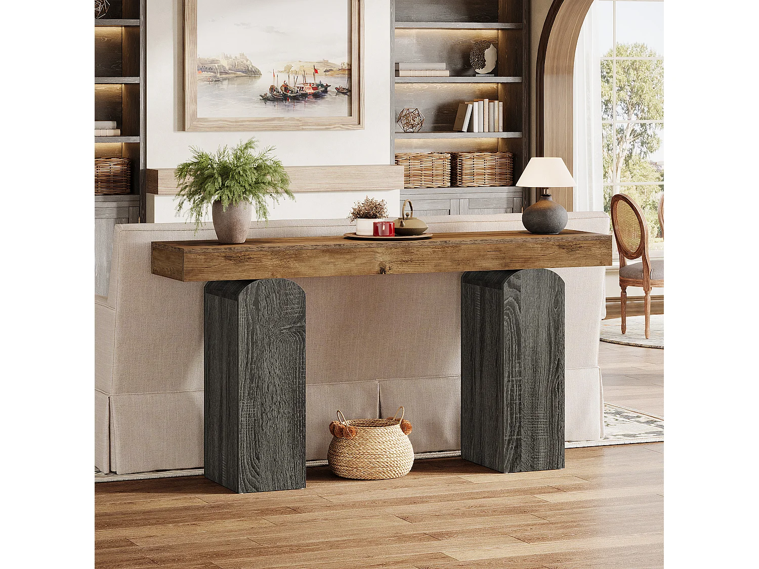 Table console d'entrée de 160 cm de long, style ferme, avec 2 pieds arqués.