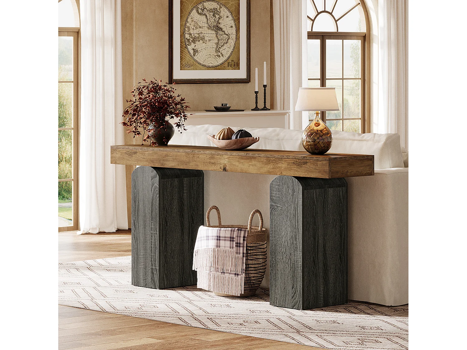 Table console d'entrée de 160 cm de long, style ferme, avec 2 pieds arqués.