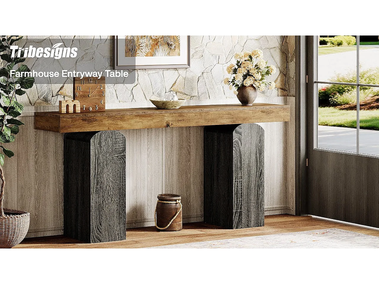 Table console d'entrée de 160 cm de long, style ferme, avec 2 pieds arqués.