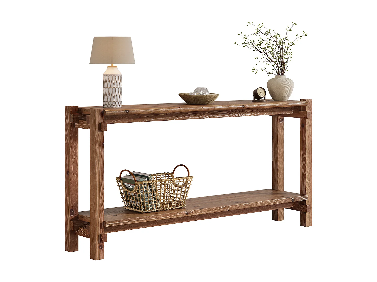 Console en bois massif de 160 cm, table d'entrée de style campagnard à 2 niveaux avec rangement