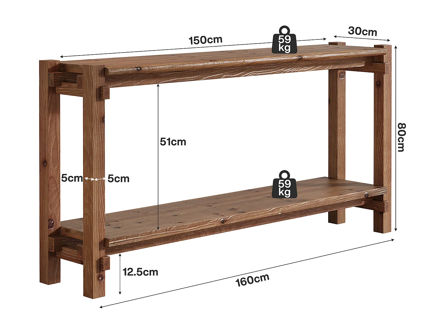 Console en bois massif de 160 cm, table d'entrée de style campagnard à 2 niveaux avec rangement