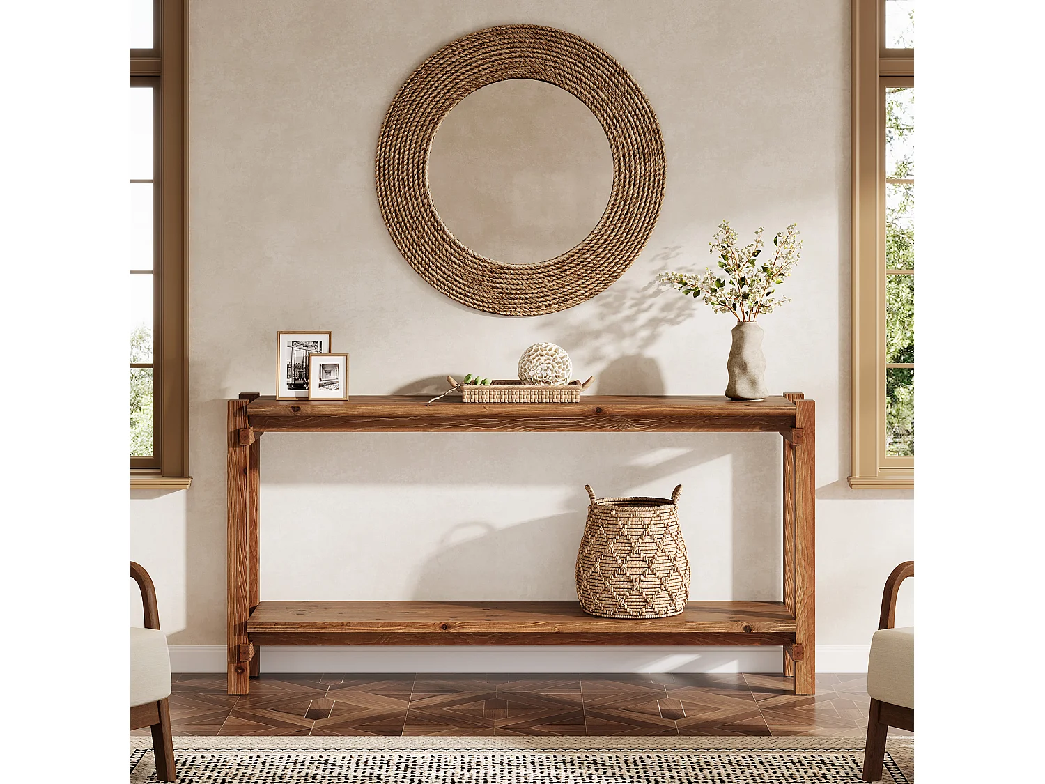 Console en bois massif de 160 cm, table d'entrée de style campagnard à 2 niveaux avec rangement