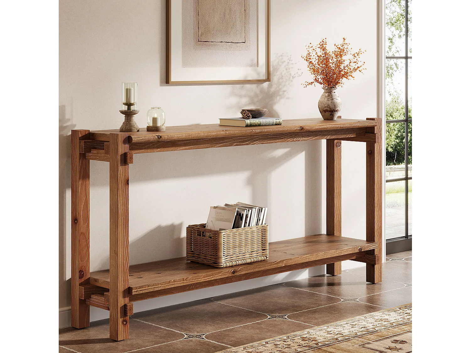Console en bois massif de 160 cm, table d'entrée de style campagnard à 2 niveaux avec rangement