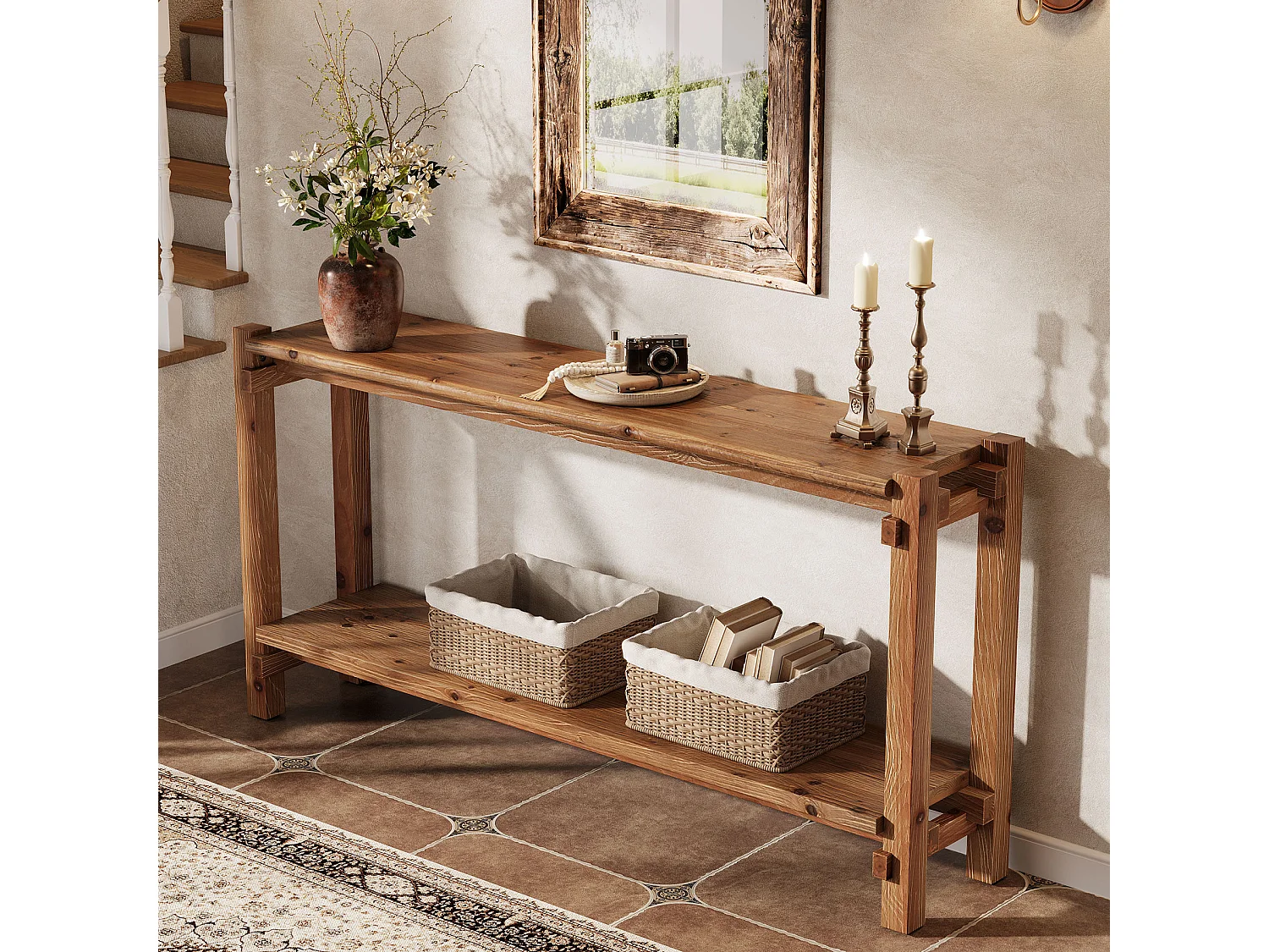 Console en bois massif de 160 cm, table d'entrée de style campagnard à 2 niveaux avec rangement
