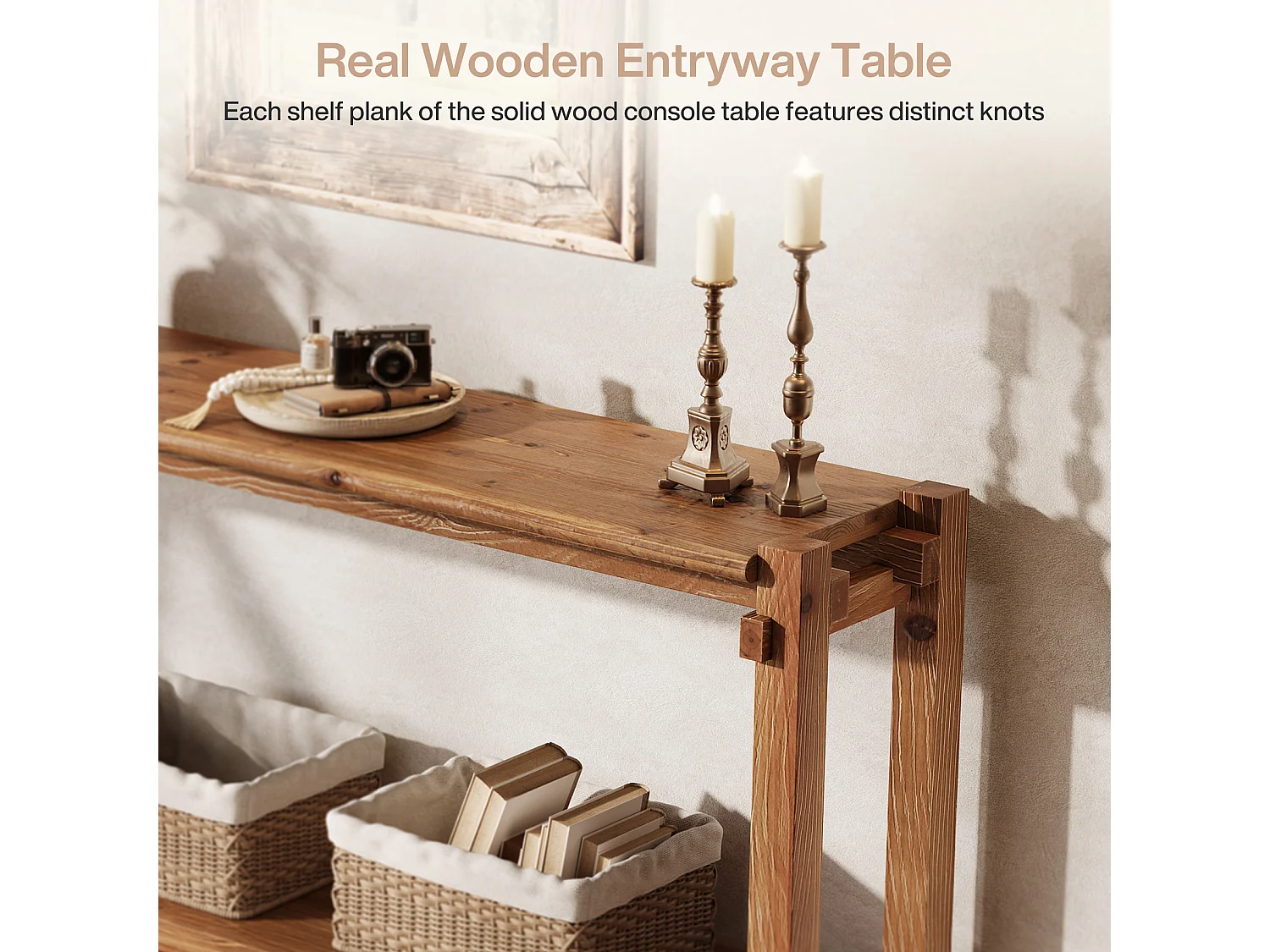 Console en bois massif de 160 cm, table d'entrée de style campagnard à 2 niveaux avec rangement