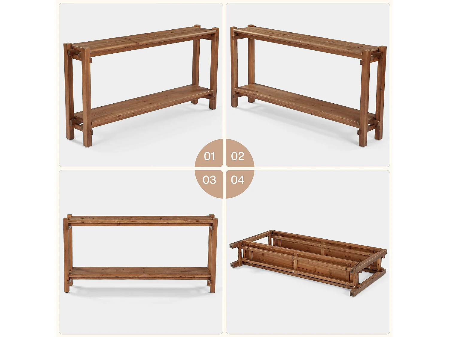 Console en bois massif de 160 cm, table d'entrée de style campagnard à 2 niveaux avec rangement