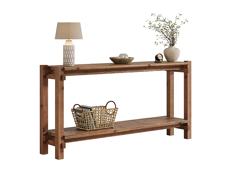 Console en bois massif de 160 cm, table d'entrée de style campagnard à 2 niveaux avec rangement