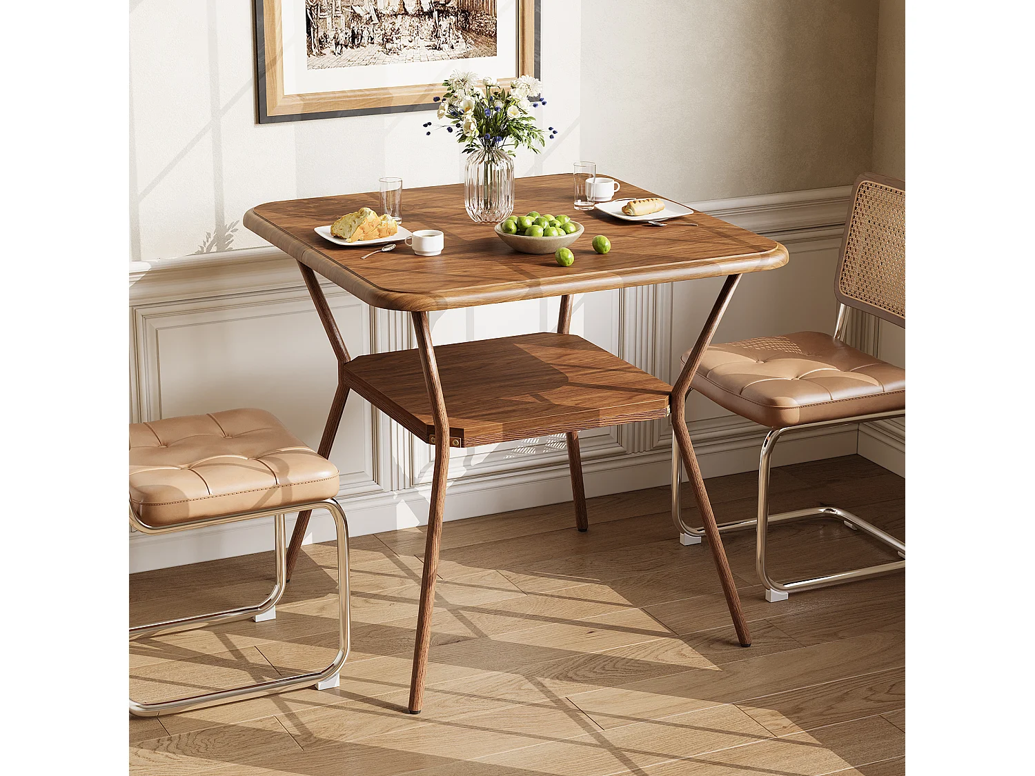 Kwadratowy stół jadalny dla 2-4 osób, 2-poziomowa półka, mały stolik do jadalni, spiżarnia