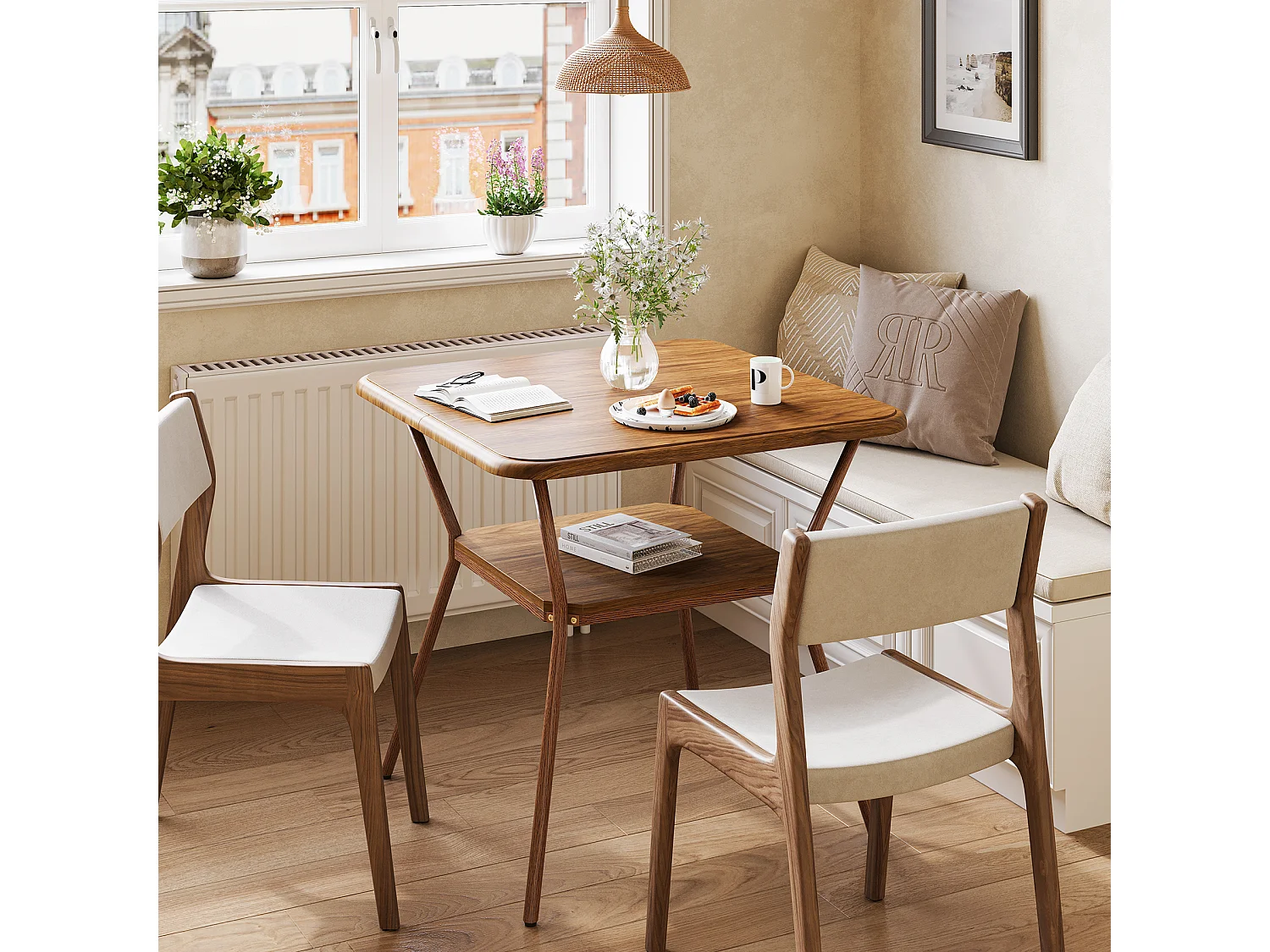 Kwadratowy stół jadalny dla 2-4 osób, 2-poziomowa półka, mały stolik do jadalni, spiżarnia