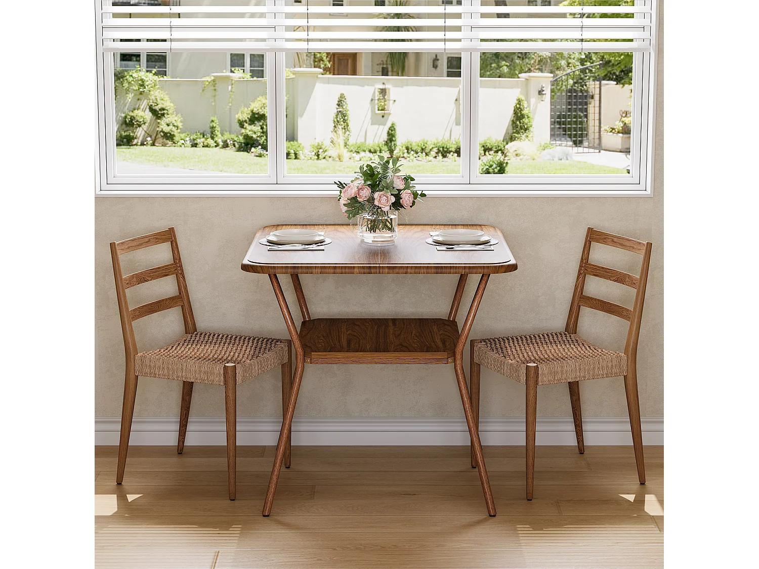 Kwadratowy stół jadalny dla 2-4 osób, 2-poziomowa półka, mały stolik do jadalni, spiżarnia