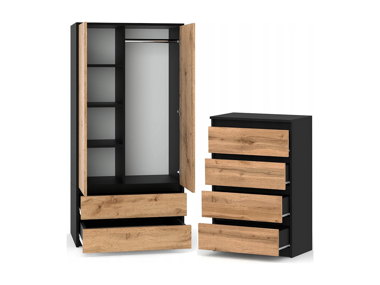 Set de Meuble de Rangement – Armoire 90 cm + Commode 4 Tiroirs 60cm  – Noir + Chêne Wotan– Moderne et Pratique