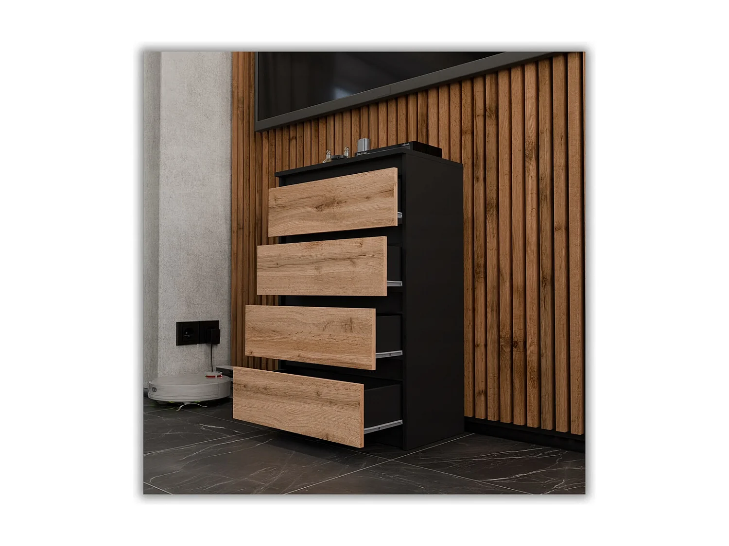Set de Meuble de Rangement – Armoire 90 cm + Commode 4 Tiroirs 60cm  – Noir + Chêne Wotan– Moderne et Pratique