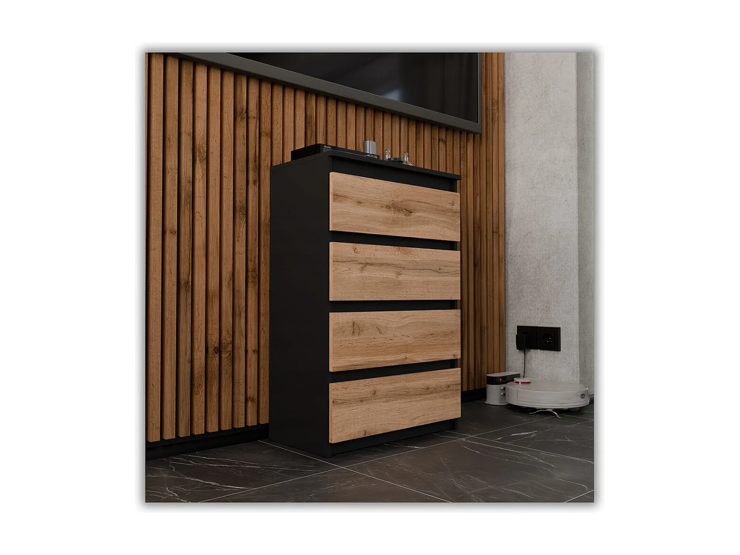 Set de Meuble de Rangement – Armoire 90 cm + Commode 4 Tiroirs 60cm  – Noir + Chêne Wotan– Moderne et Pratique