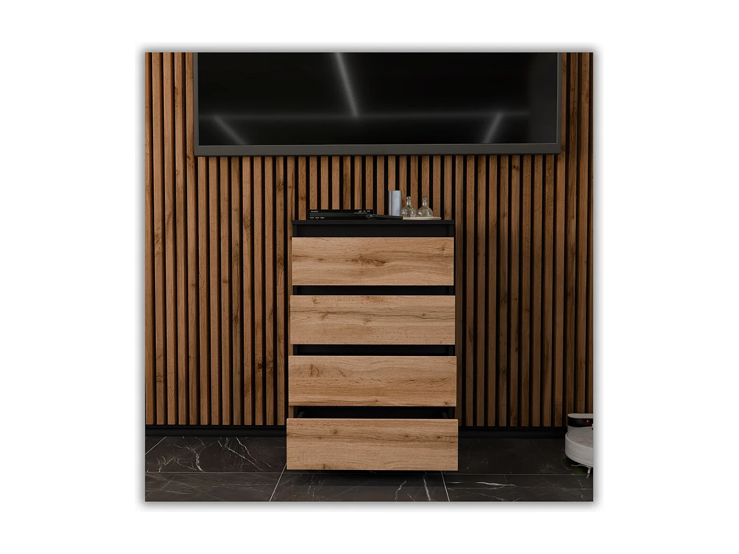 Set de Meuble de Rangement – Armoire 90 cm + Commode 4 Tiroirs 60cm  – Noir + Chêne Wotan– Moderne et Pratique