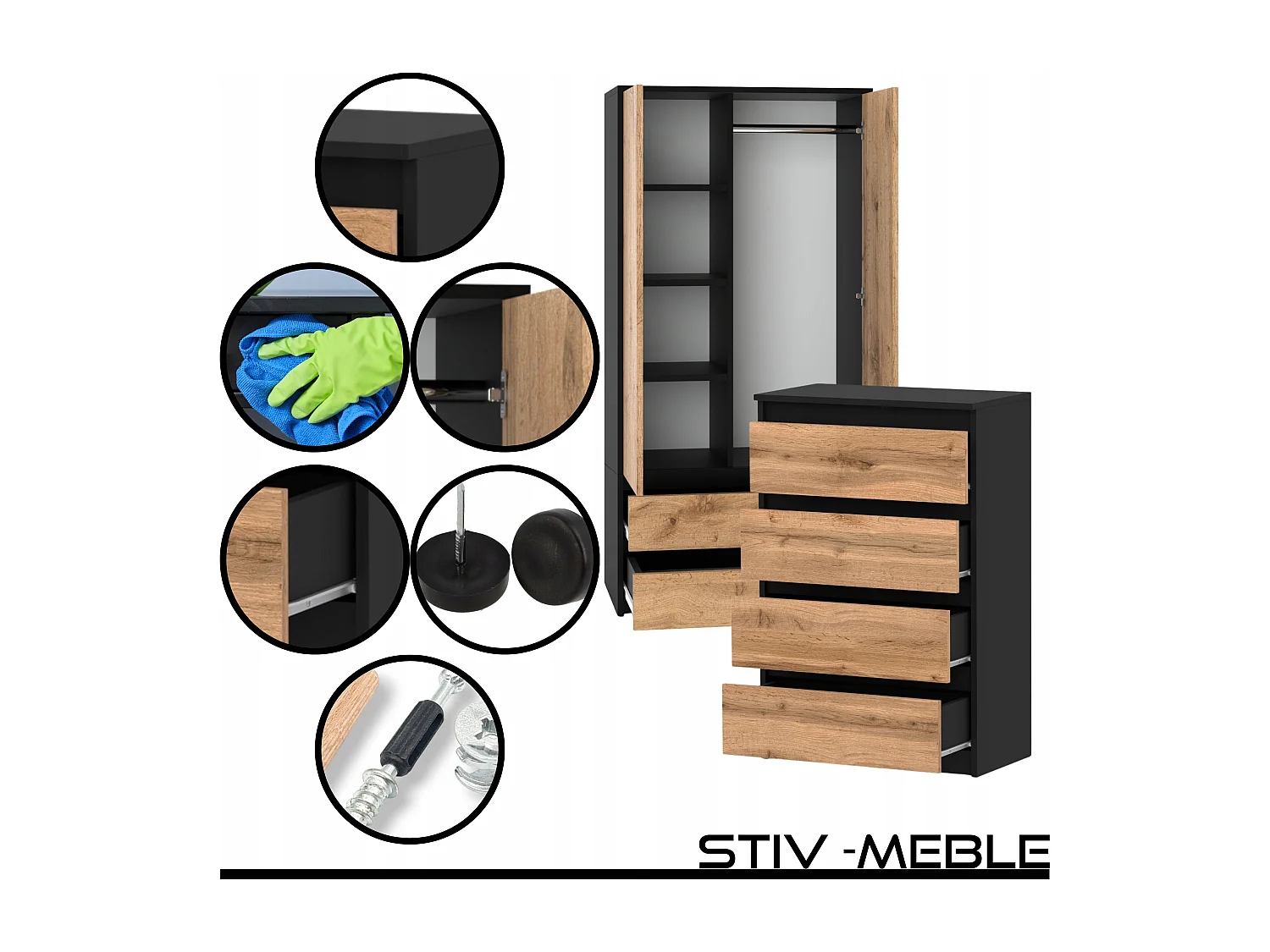 Set de Meuble de Rangement – Armoire 90 cm + Commode 4 Tiroirs 60cm  – Noir + Chêne Wotan– Moderne et Pratique
