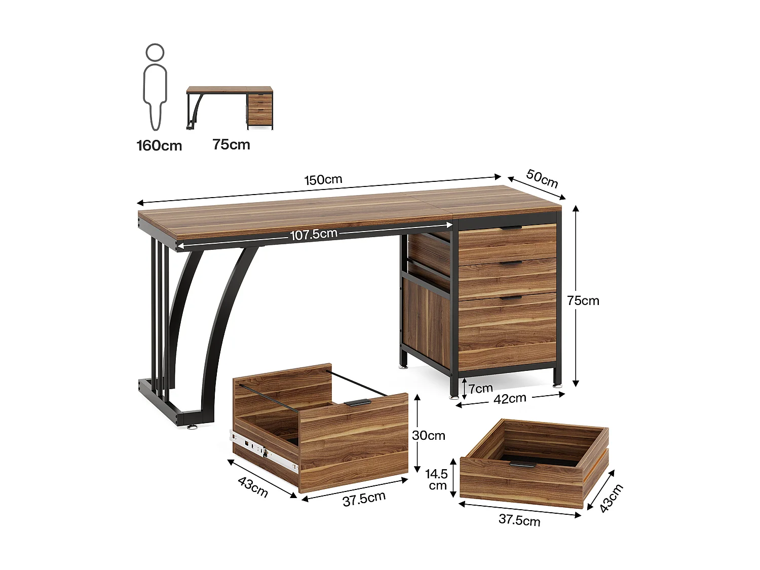 Bureau d'ordinateur à 3 tiroirs, bureau industriel pour PC, table de travail avec rangement pour dossiers