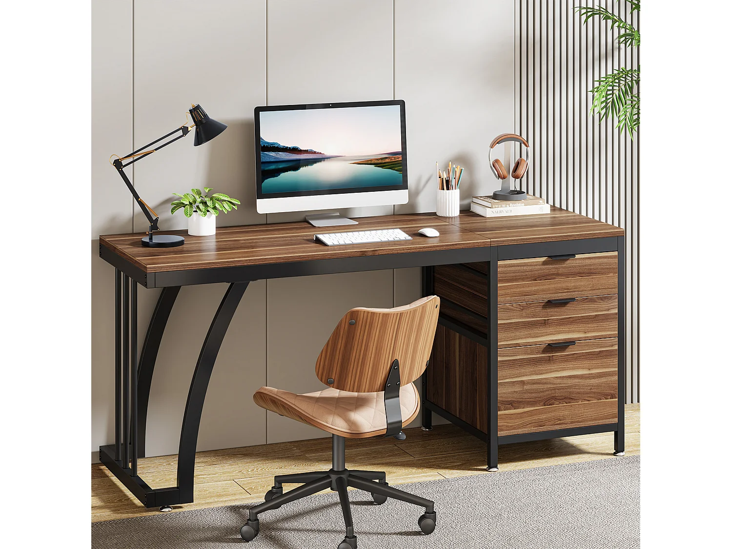 Bureau d'ordinateur à 3 tiroirs, bureau industriel pour PC, table de travail avec rangement pour dossiers