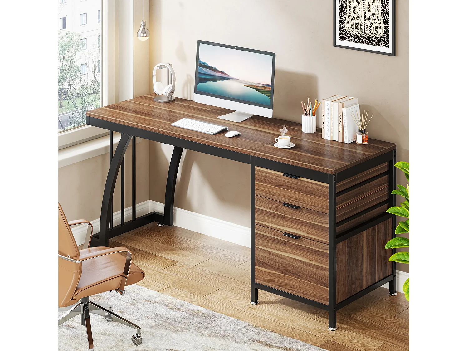 Bureau d'ordinateur à 3 tiroirs, bureau industriel pour PC, table de travail avec rangement pour dossiers
