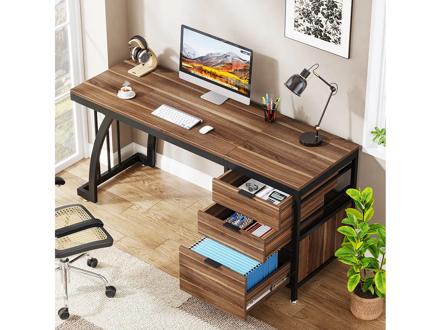 Bureau d'ordinateur à 3 tiroirs, bureau industriel pour PC, table de travail avec rangement pour dossiers