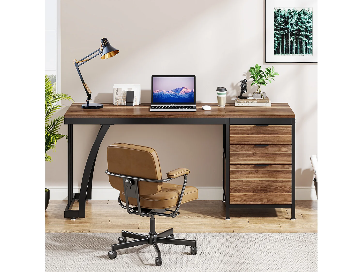 Bureau d'ordinateur à 3 tiroirs, bureau industriel pour PC, table de travail avec rangement pour dossiers