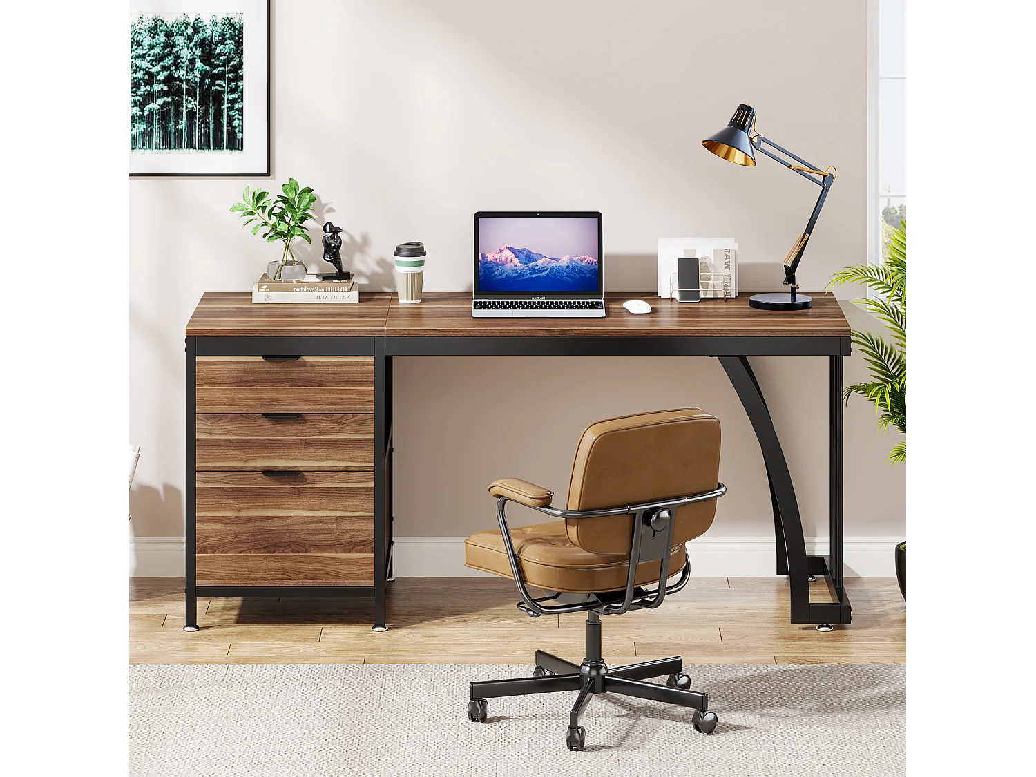 Bureau d'ordinateur à 3 tiroirs, bureau industriel pour PC, table de travail avec rangement pour dossiers