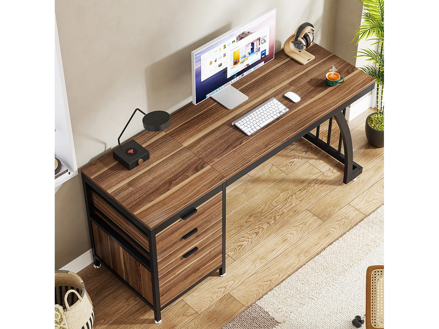 Bureau d'ordinateur à 3 tiroirs, bureau industriel pour PC, table de travail avec rangement pour dossiers