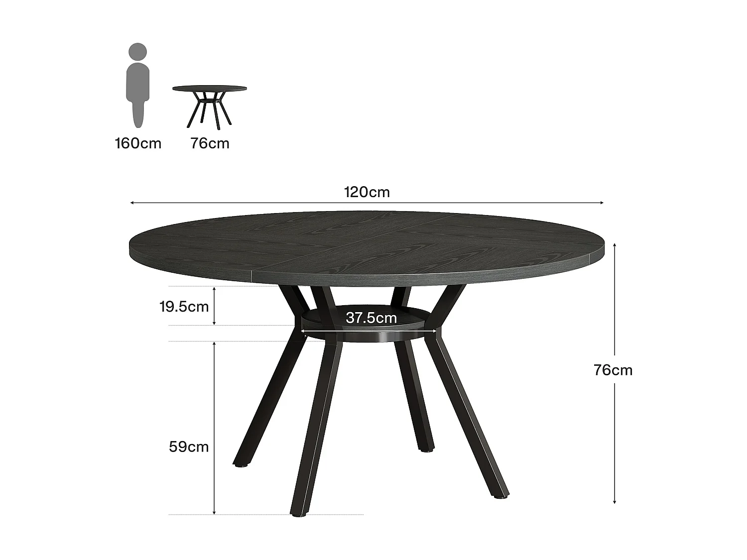 Okrągły stół jadalny dla 4 osób, 120 cm, stół jadalniany w stylu industrialnym z metalową podstawą, stół kuchenny