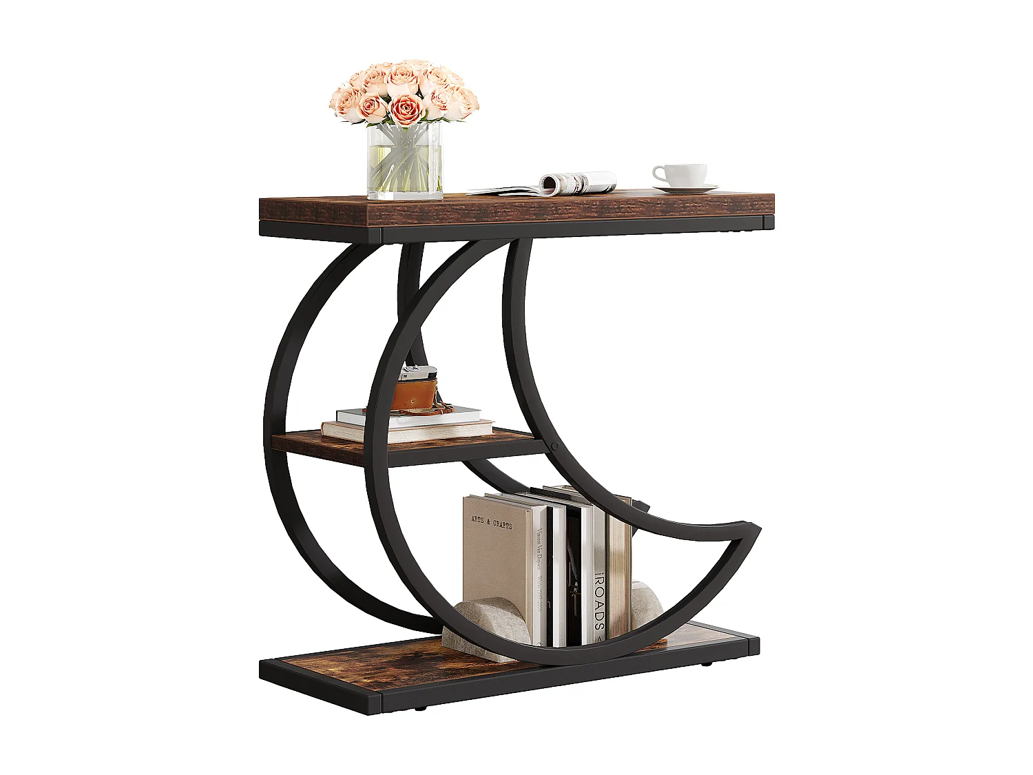 Mesa Lateral de 3 Camadas, Mesas Laterais Industriais com 3 Prateleiras de Armazenamento, Mesa Lateral de Sofá com Moldura de Metal em Meia Lua Crescente