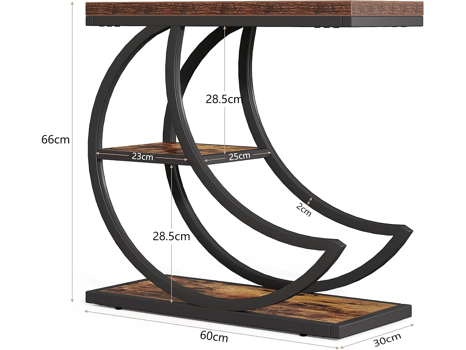 Mesa Lateral de 3 Camadas, Mesas Laterais Industriais com 3 Prateleiras de Armazenamento, Mesa Lateral de Sofá com Moldura de Metal em Meia Lua Crescente