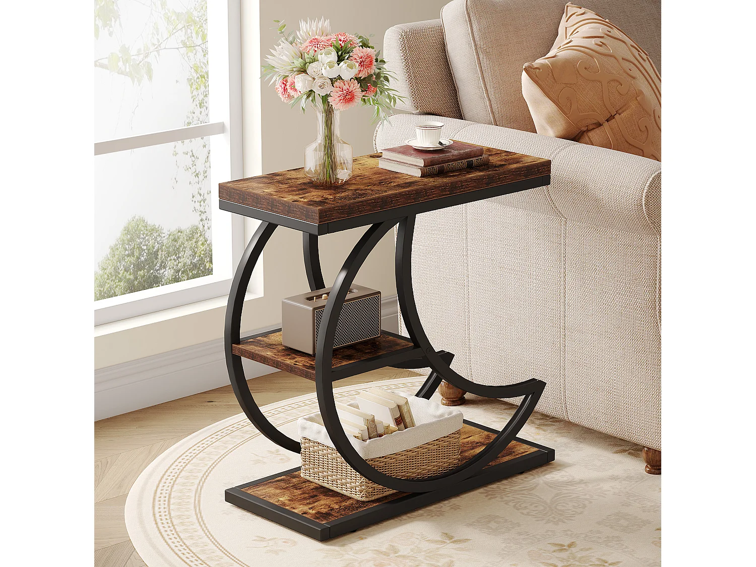 Mesa Lateral de 3 Camadas, Mesas Laterais Industriais com 3 Prateleiras de Armazenamento, Mesa Lateral de Sofá com Moldura de Metal em Meia Lua Crescente