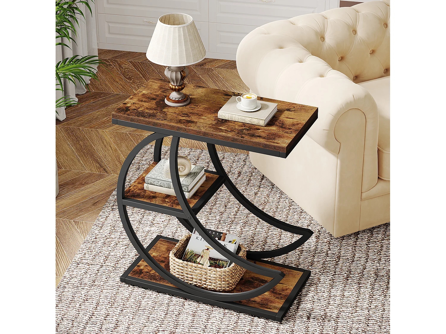 Mesa Lateral de 3 Camadas, Mesas Laterais Industriais com 3 Prateleiras de Armazenamento, Mesa Lateral de Sofá com Moldura de Metal em Meia Lua Crescente