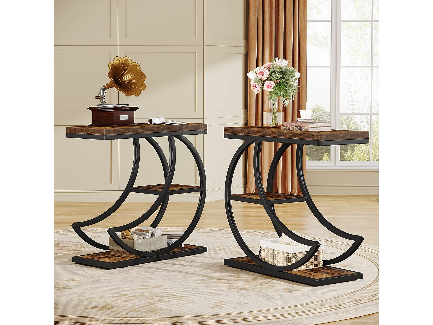 Mesa Lateral de 3 Camadas, Mesas Laterais Industriais com 3 Prateleiras de Armazenamento, Mesa Lateral de Sofá com Moldura de Metal em Meia Lua Crescente