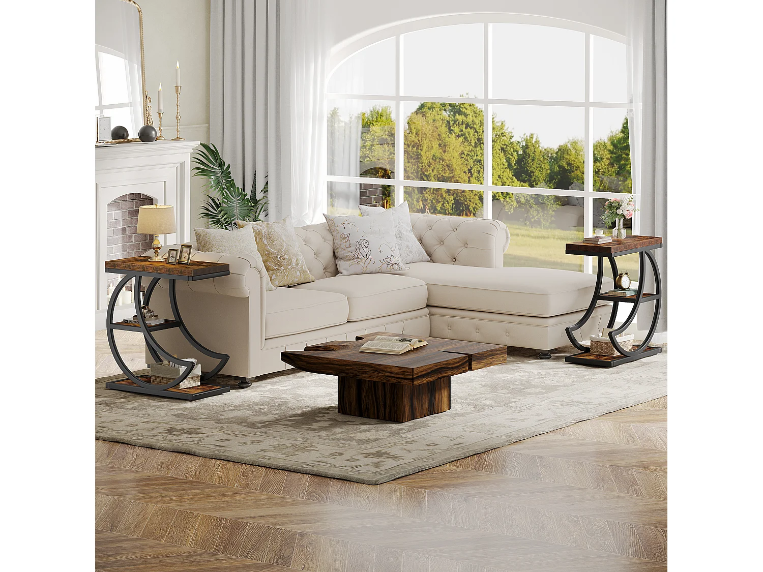 Mesa Lateral de 3 Camadas, Mesas Laterais Industriais com 3 Prateleiras de Armazenamento, Mesa Lateral de Sofá com Moldura de Metal em Meia Lua Crescente