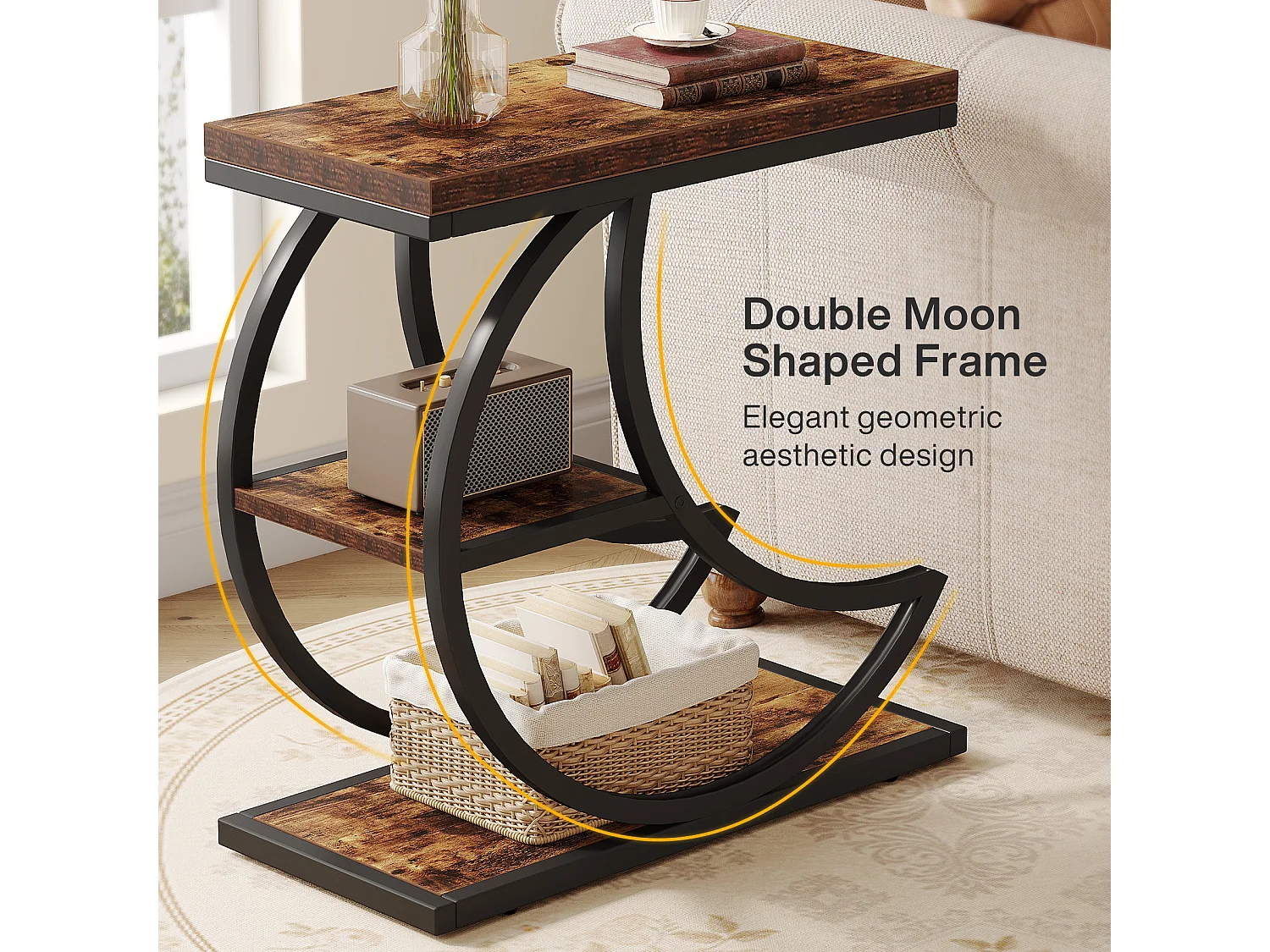 Mesa Lateral de 3 Camadas, Mesas Laterais Industriais com 3 Prateleiras de Armazenamento, Mesa Lateral de Sofá com Moldura de Metal em Meia Lua Crescente