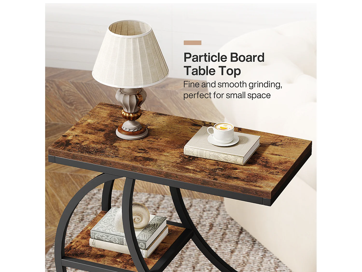 Mesa Lateral de 3 Camadas, Mesas Laterais Industriais com 3 Prateleiras de Armazenamento, Mesa Lateral de Sofá com Moldura de Metal em Meia Lua Crescente