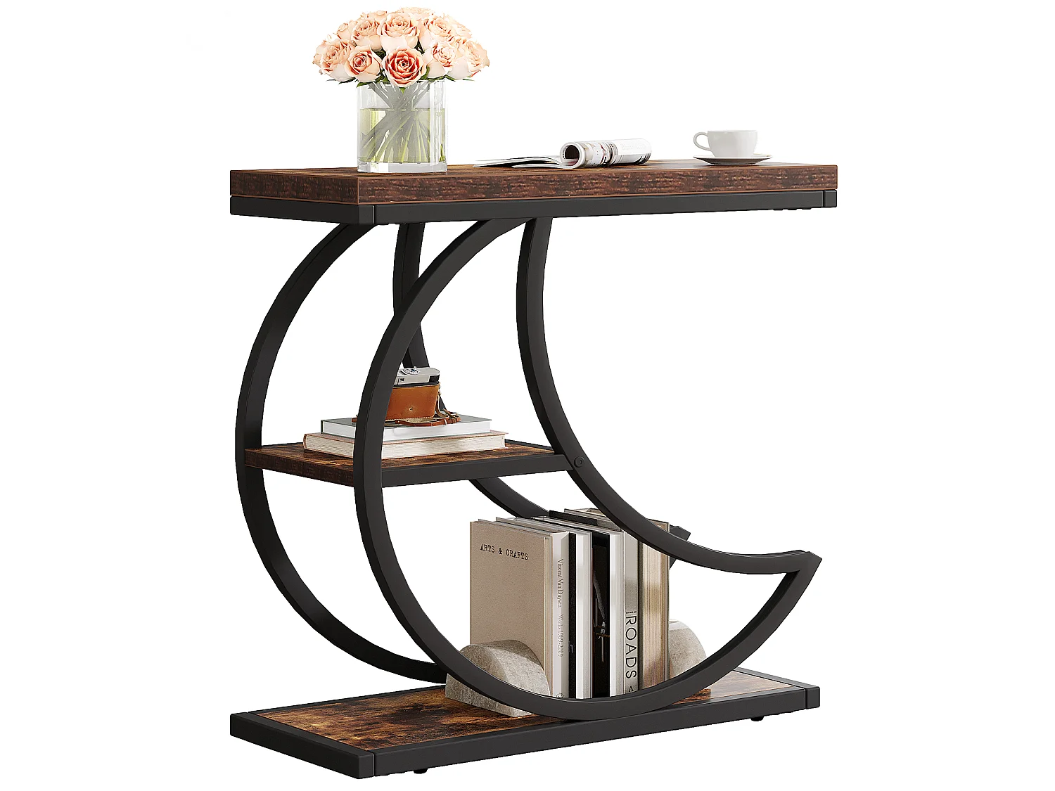 Table d'appoint à 3 niveaux, style industriel, avec 3 étagères de rangement, table de chevet avec structure métallique en demi-lune.