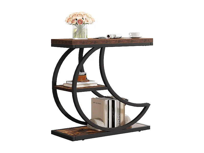 Mesa Lateral de 3 Camadas, Mesas Laterais Industriais com 3 Prateleiras de Armazenamento, Mesa Lateral de Sofá com Moldura de Metal em Meia Lua Crescente