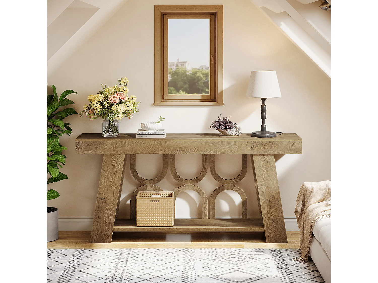 Console étroite de style campagnard avec rangement à 2 niveaux, table d'entrée de 160 cm de long pour canapé ou couloir.