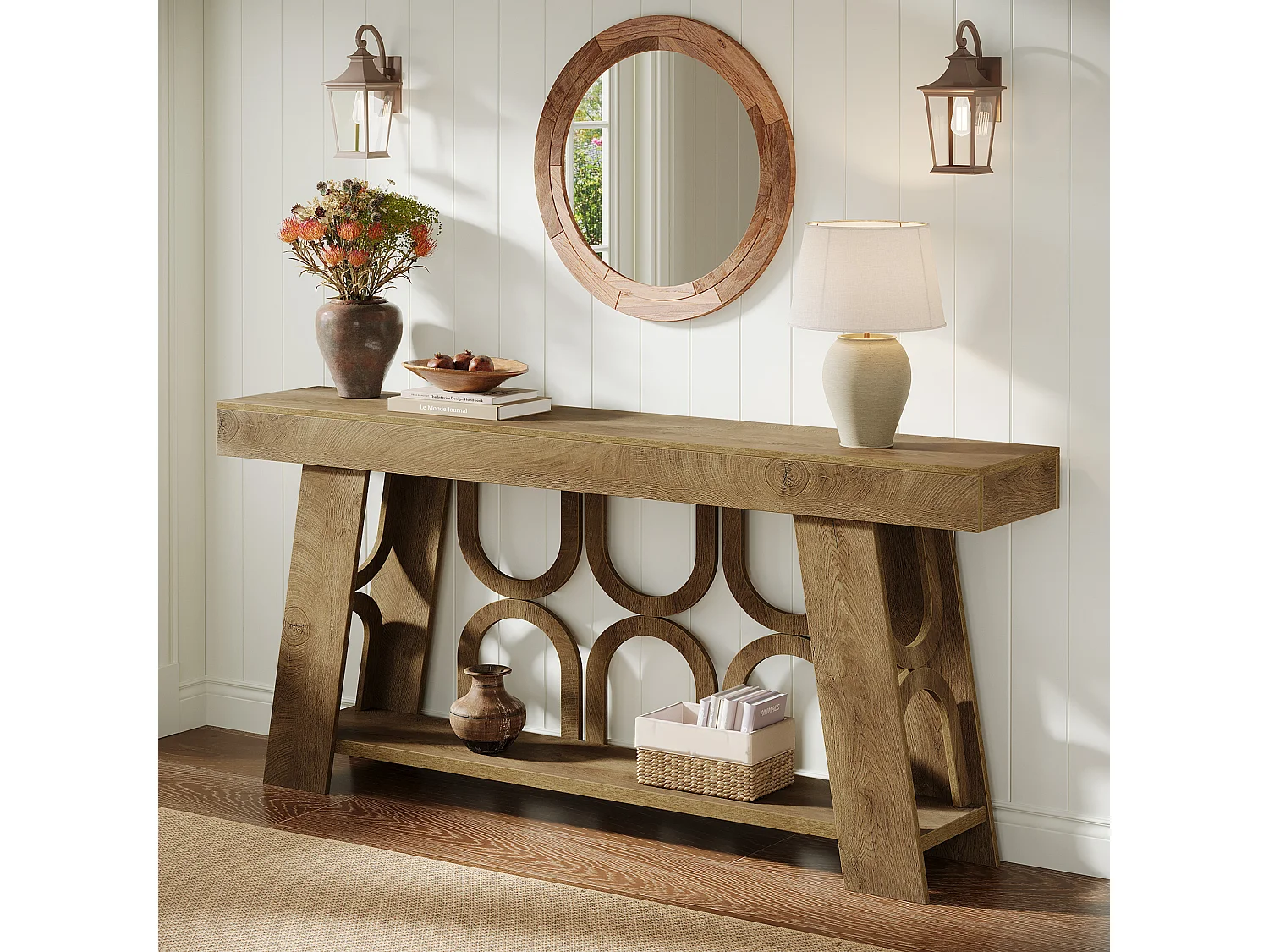 Console étroite de style campagnard avec rangement à 2 niveaux, table d'entrée de 160 cm de long pour canapé ou couloir.