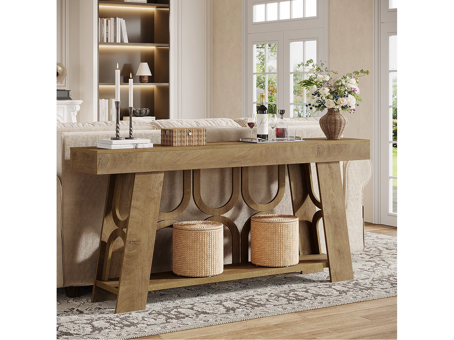 Console étroite de style campagnard avec rangement à 2 niveaux, table d'entrée de 160 cm de long pour canapé ou couloir.