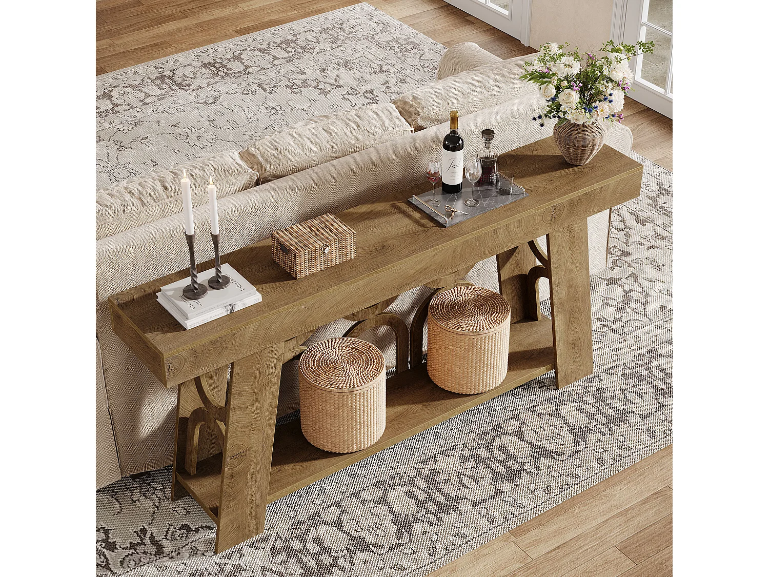 Console étroite de style campagnard avec rangement à 2 niveaux, table d'entrée de 160 cm de long pour canapé ou couloir.