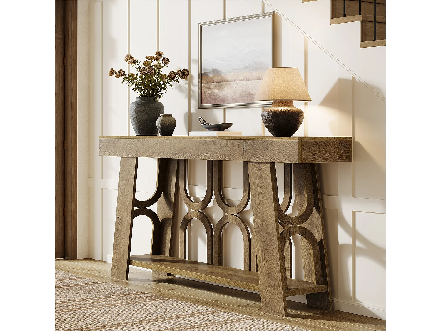 Console étroite de style campagnard avec rangement à 2 niveaux, table d'entrée de 160 cm de long pour canapé ou couloir.