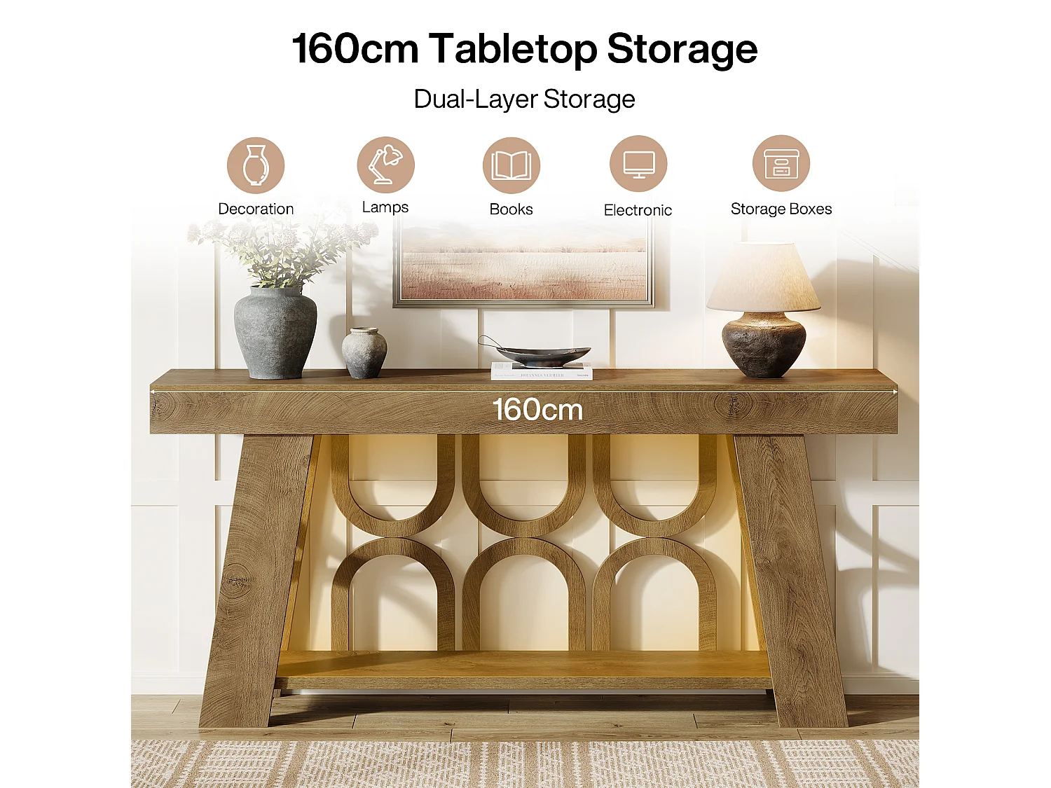 Console étroite de style campagnard avec rangement à 2 niveaux, table d'entrée de 160 cm de long pour canapé ou couloir.