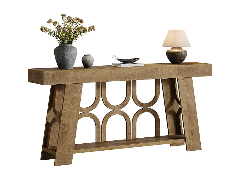 Console étroite de style campagnard avec rangement à 2 niveaux, table d'entrée de 160 cm de long pour canapé ou couloir.