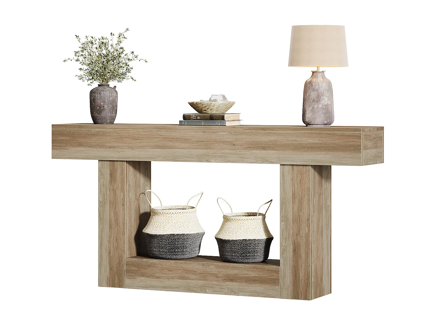 Stolik konsolowy 160 cm, dwupoziomowy stolik do przedpokoju w stylu rustykalnym, stolik za kanapą, szary